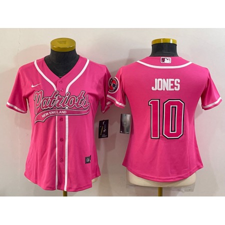 Women's New England Patriots #10 Mac Jones Pink With Patch Cool Base Stitched Baseball Jersey(Run Small)