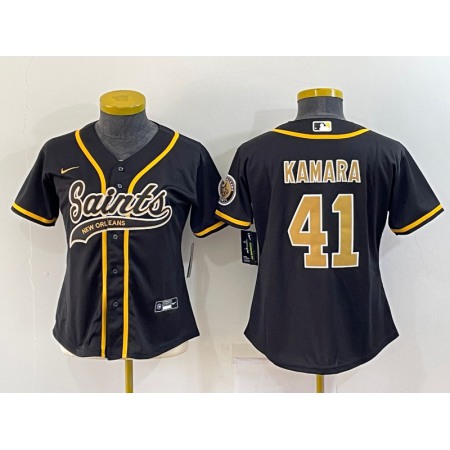 Women's New Orleans Saints #41 Alvin Kamara Black With Patch Cool Base Stitched Baseball Jersey(Run Small)