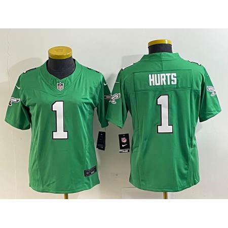 Women's Philadelphia Eagles #1 Jalen Hurts Green 2023 F.U.S.E. Stitched Football Jersey(Run Small)