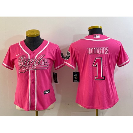 Women's Philadelphia Eagles #1 Jalen Hurts Pink Cool Base Stitched Baseball Jersey(Run Small)
