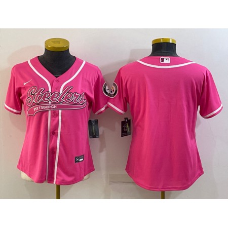 Women's Pittsburgh Steelers Blank Pink With Patch Cool Base Stitched Baseball Jersey(Run Small)