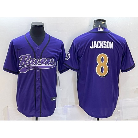 Men's Baltimore Ravens #8 Lamar Jackson Purple Gold With Patch Cool Base Stitched Baseball Jersey