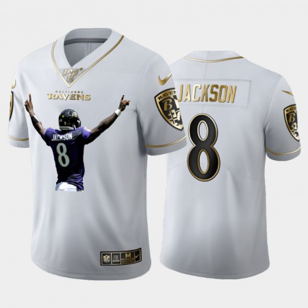 Men's Baltimore Ravens #8 Lamar Jackson White Golden 100th Season Portrait Edition Limited Stitched Jersey