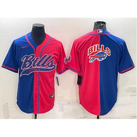 Men's Buffalo Bills Blank Royal/Red Split Team Big Logo With Patch Cool Base Stitched Baseball Jersey