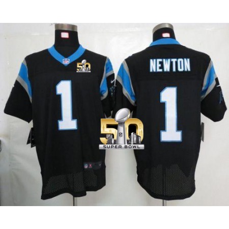 Nike Panthers #1 Cam Newton Black Team Color Super Bowl 50 Men's Stitched NFL Elite Jersey