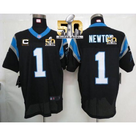 Nike Panthers #1 Cam Newton Black Team Color With C Patch Super Bowl 50 Men's Stitched NFL Elite Jersey