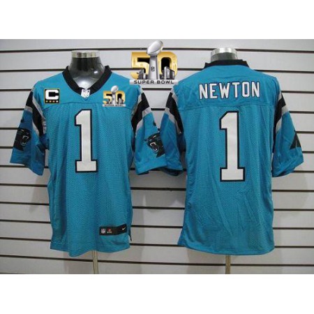 Nike Panthers #1 Cam Newton Blue Alternate With C Patch Super Bowl 50 Men's Stitched NFL Elite Jersey