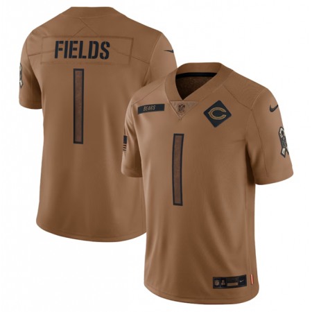 Men's Chicago Bears #1 Justin Fields 2023 Brown Salute To Service Limited Stitched Football Jersey