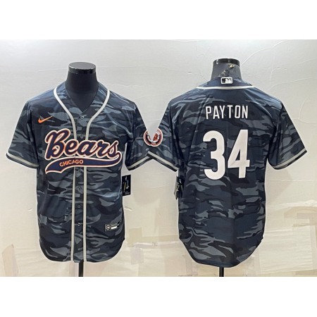 Men's Chicago Bears #34 Walter Payton Grey Camo With Patch Cool Base Stitched Baseball Jersey 002