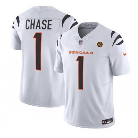 Men's Cincinnati Bengals #1 Ja'Marr Chase White 2023 F.U.S.E. With John Madden Patch Vapor Limited Stitched Football Jersey