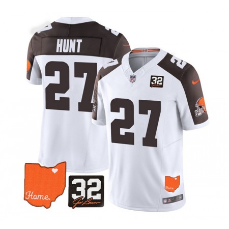 Men's Cleveland Browns #27 Kareem Hunt White/Brown 2023 F.U.S.E. With Jim Brown Memorial Patch Vapor Untouchable Limited Stitched Jersey