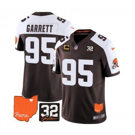 Men's Cleveland Browns #95 Myles Garrett Brown/White 2023 F.U.S.E. With Jim Brown Memorial Patch And 4-Star C Patch Vapor Untouchable Limited Stitched Jersey