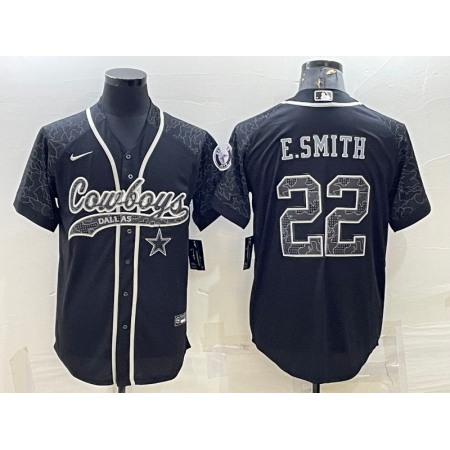 Men's Dallas Cowboys #22 Emmitt Smith Black Reflective With Patch Cool Base Stitched Baseball Jersey