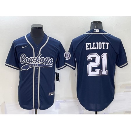 Men's Dallas Cowboys #21 Ezekiel Elliott Navy Cool Base Stitched Baseball Jersey