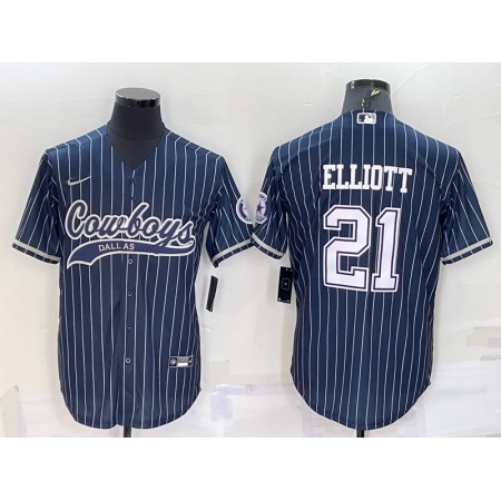 Men's Dallas Cowboys #21 Ezekiel Elliott Navy With Patch Cool Base Stitched Baseball Jersey