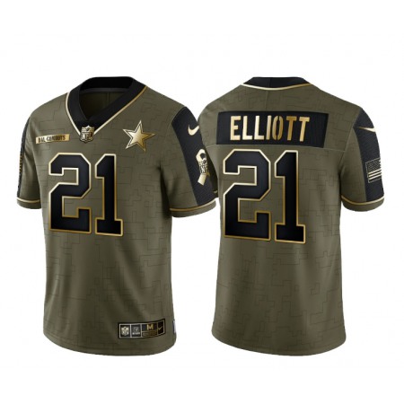 Men's Dallas Cowboys #21 Ezekiel Elliott 2021 Olive Salute To Service Golden Limited Stitched Jersey