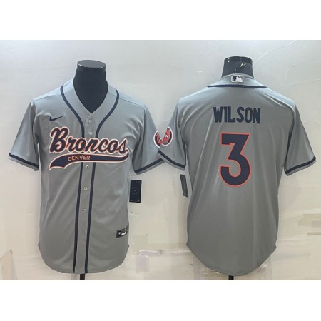 Men's Denver Broncos #3 Russell Wilson Grey With Patch Cool Base Stitched Baseball Jersey