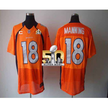 Nike Broncos #18 Peyton Manning Orange Team Color With C Patch Super Bowl 50 Men's Stitched NFL Elite Jersey