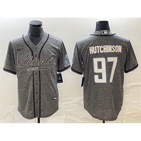 Men's Detroit Lions #97 Aidan Hutchinson Grey Cool Base Stitched Baseball Jersey