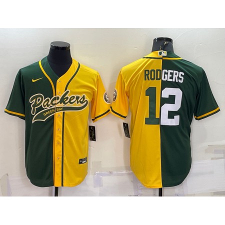 Men's Green Bay Packers #12 Aaron Rodgers Green/Yellow Split With Patch Cool Base Stitched Baseball Jersey