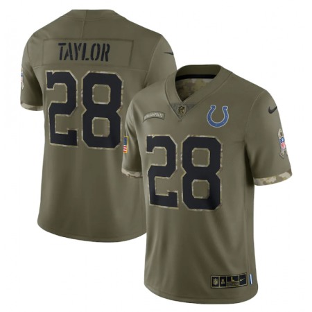 Men's Indianapolis Colts #28 Jonathan Taylor Olive 2022 Salute To Service Limited Stitched Jersey