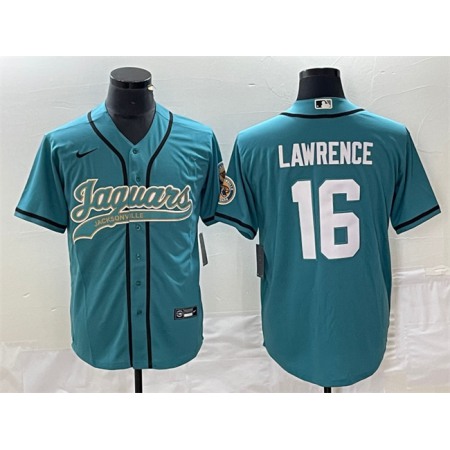 Men's Jacksonville Jaguars #16 Trevor Lawrence Teal With Patch Cool Base Stitched Baseball Jersey