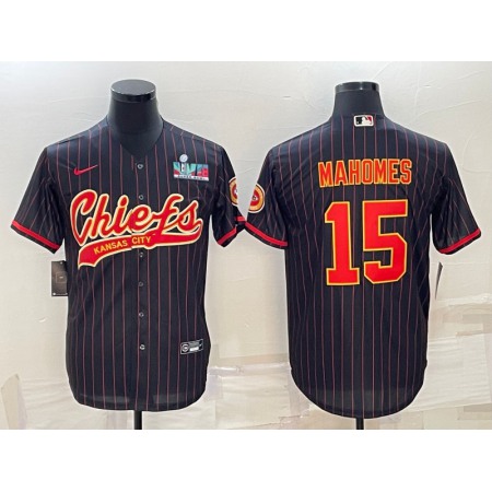 Men's Kansas City Chiefs #15 Patrick Mahomes Black With Super Bowl LVII Patch Cool Base Stitched Baseball Jersey