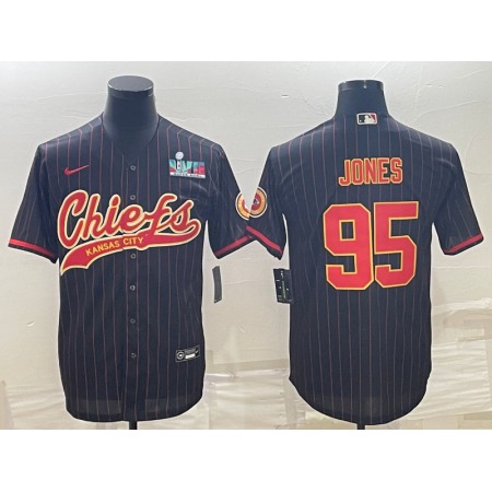 Men's Kansas City Chiefs #95 Chris Jones Black With Super Bowl LVII Patch Cool Base Stitched Baseball Jersey