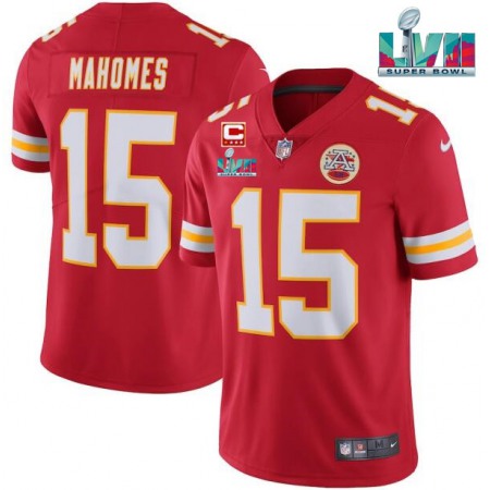 Men's Kansas City Chiefs #15 Patrick Mahomes Red Super Bowl LVII Patch And 4-star C Patch Vapor Untouchable Limited Stitched Jersey
