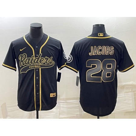 Men's Las Vegas Raiders #28 Josh Jacobs Black Gold With Patch Cool Base Stitched Baseball Jersey