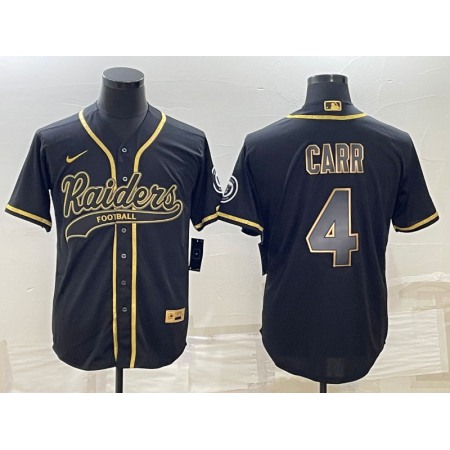 Men's Las Vegas Raiders #4 Derek Carr Black Gold With Patch Cool Base Stitched Baseball Jersey