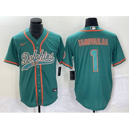 Men's Miami Dolphins #1 Tua Tagovailoa Aqua Cool Base Stitched Baseball Jersey