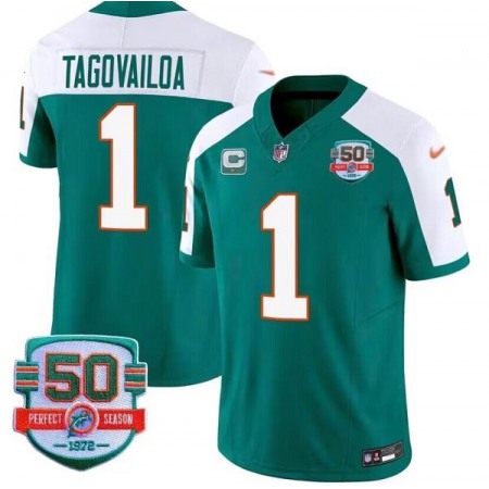 Men's Miami Dolphins #1 Tua Tagovailoa Aqua White 2023 F.U.S.E With 1-star C Patch And 50th Perfect Season Patch Vapor Limited Stitched Football Jersey