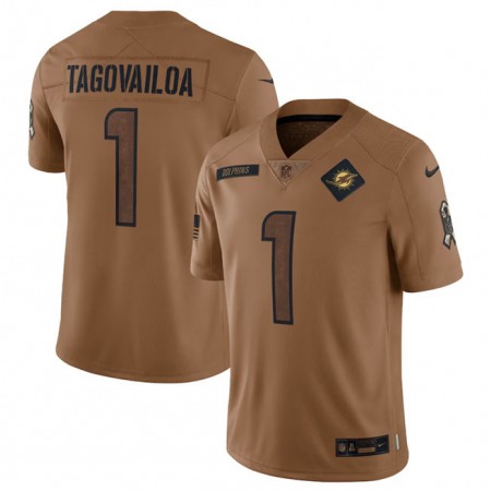 Men's Miami Dolphins #1 Tua Tagovailoa 2023 Brown Salute To Service Limited Stitched Football Jersey