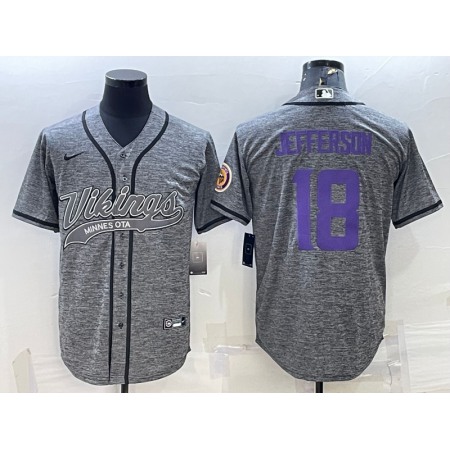 Men's Minnesota Vikings #18 Justin Jefferson Grey With Patch Cool Base Stitched Baseball Jersey