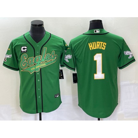 Men's Philadelphia Eagles #1 Jalen Hurts Green Gold With 3-starC Patch Cool Base Stitched Baseball Jersey