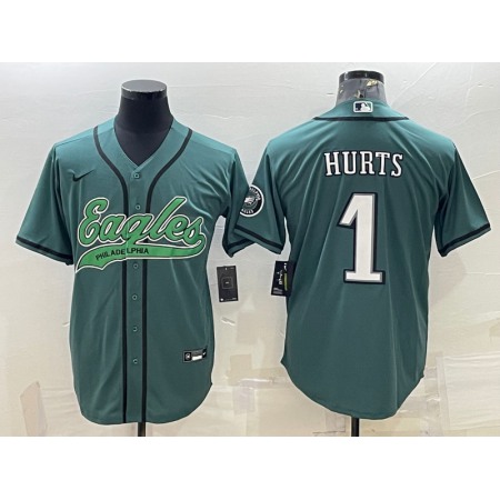 Men's Philadelphia Eagles #1 Jalen Hurts Green With Patch Cool Base Stitched Baseball Jersey