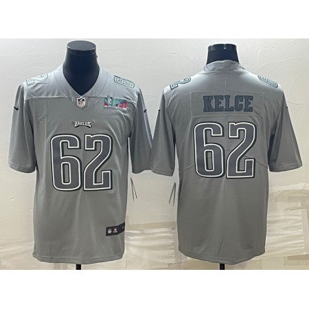 Men's Philadelphia Eagles #62 Jason Kelce Gray Super Bowl LVII Patch Atmosphere Fashion Stitched Jersey