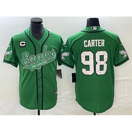 Men's Philadelphia Eagles #98 Jalen Carter Green With 3-star C Patch Cool Base Stitched Baseball Jersey