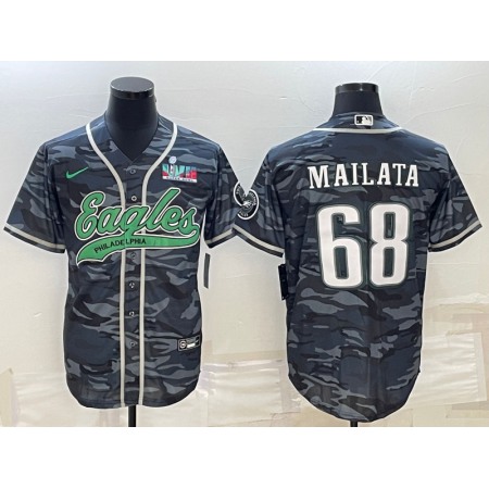 Men's Philadelphia Eagles #68 Jordan Mailata Grey Camo With Super Bowl LVII Patch Cool Base Stitched Baseball Jersey