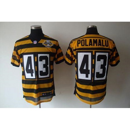 Men's Pittsburgh Steelers #43 Troy Polamalu Yellow/Black 80TH Anniversary Throwback Stitched NFL Jersey