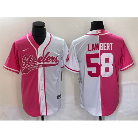 Men's Pittsburgh Steelers #58 Jack Lambert White Pink Split Cool Base Stitched Baseball Jersey