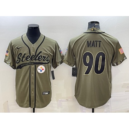 Men's Pittsburgh Steelers #90 T.J. Watt Olive 2022 Salute to Service Cool Base Stitched Baseball Jersey