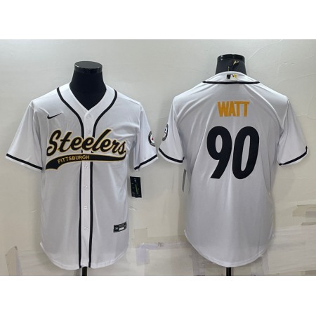 Men's Pittsburgh Steelers #90 T.J. Watt White With Patch Cool Base Stitched Baseball Jersey