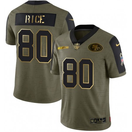 Men's San Francisco 49ers #80 Jerry Rice 2021 Olive Camo Salute To Service Golden Limited Stitched Jersey
