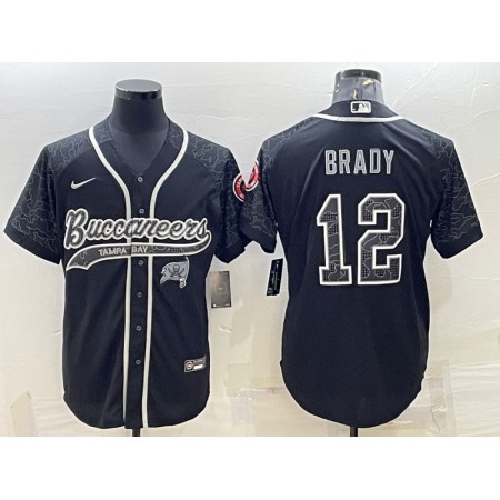 Men's Tampa Bay Buccaneers #12 Tom Brady Black Reflective With Patch Cool Base Stitched Baseball Jersey