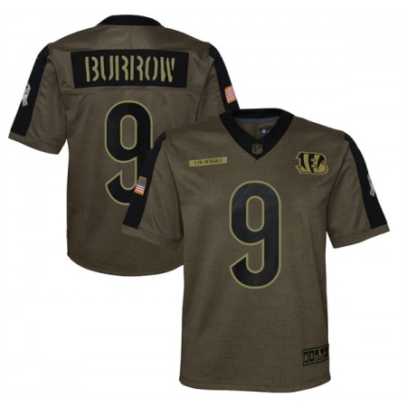 Youth Cincinnati Bengals #9 Joe Burrow 2021 Olive Salute To Service Limited Stitched Jersey