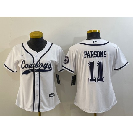 Youth Dallas Cowboys #11 Micah Parsons White With Patch Cool Base Stitched Baseball Jersey