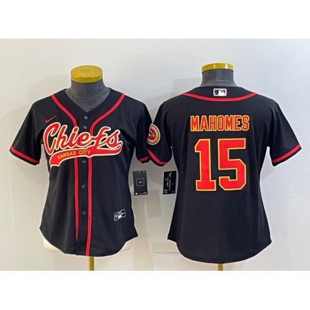 Youth Kansas City Chiefs #15 Patrick Mahomes Black With Patch Cool Base Stitched Baseball Jersey