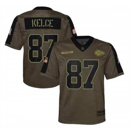 Youth Kansas City Chiefs #87 Travis Kelce 2021 Olive Salute To Service Limited Stitched Jersey